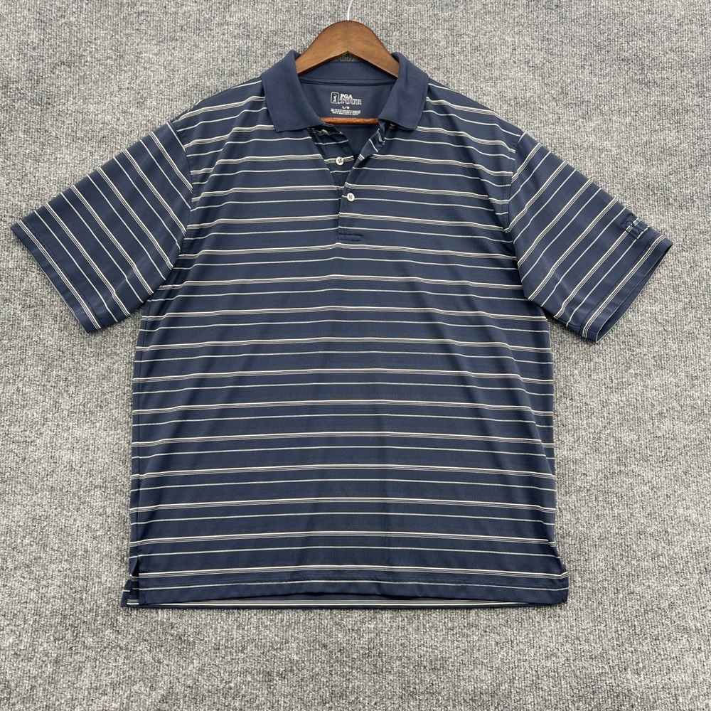 PGA‎ Tour Polo Shirt Mens Large Blue Striped Short Sleeve Golf Preppy Classic